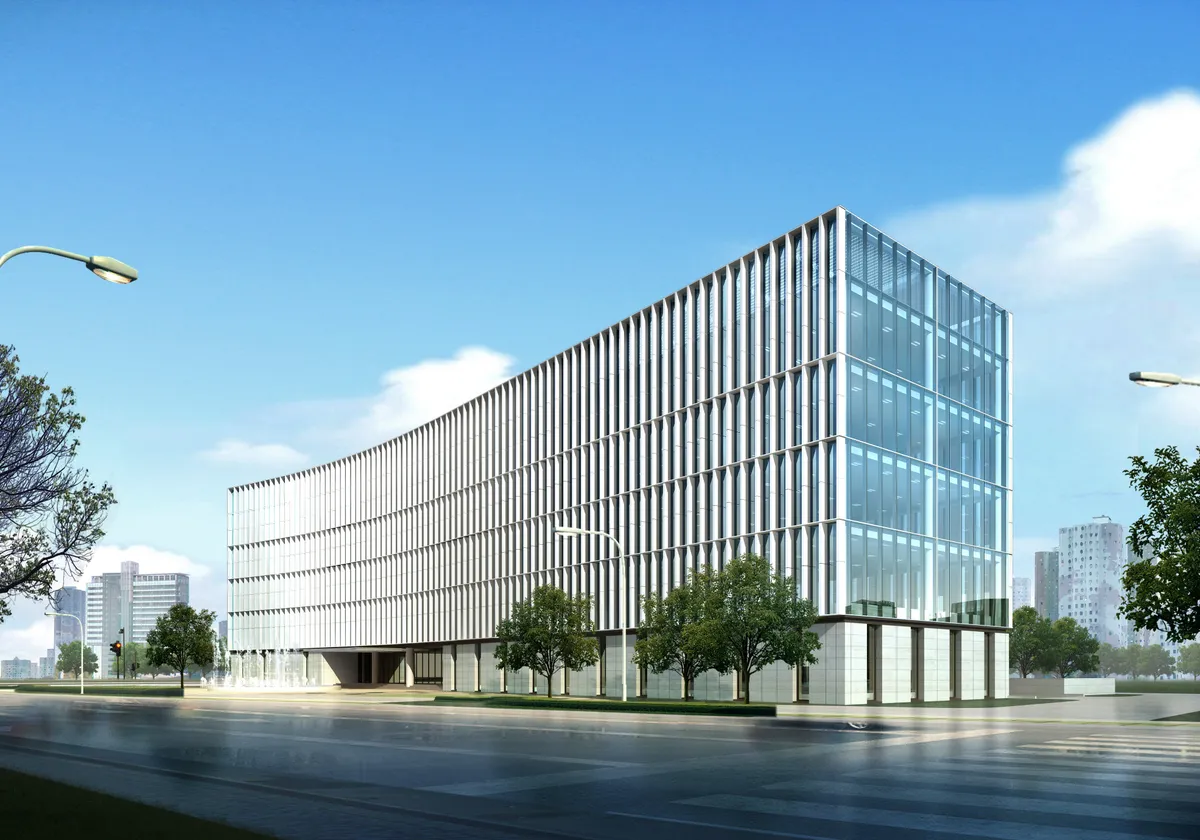 Architectural rendering of a modern glass office tower with vertical fins